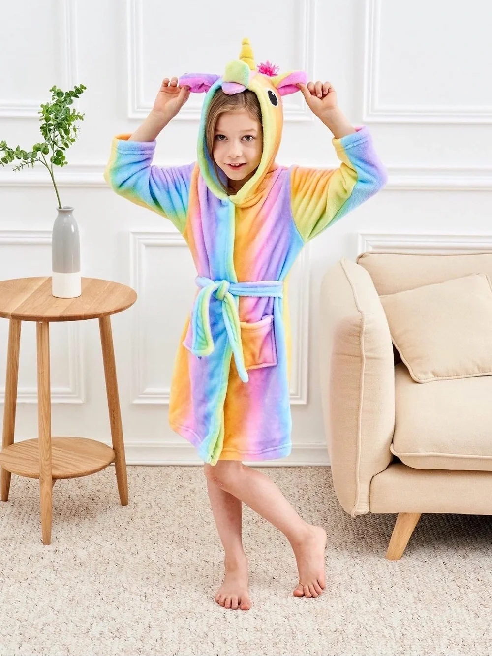 Kids Rainbow Unicorn Hooded Bath Robe - Plush Multicolor
